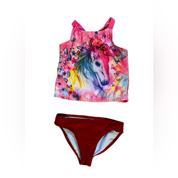 Tankini swimsuit, Wonder Nation Girls Unicorn M (7-8 UPF 50+. 2 Pieces Pink/red‎ - Picture 1 of 13